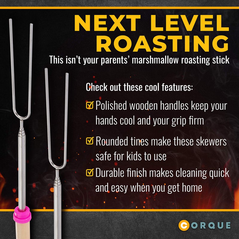 CORQUE Marshmallow Roasting Sticks, Smores Sticks, Extendable, Camping Skewer for Fire Pit, Wooden Handle, 32inch Metal for BBQ Hotdog, Cooking, Campfires, Bonfires, Set of 8 - Image 4